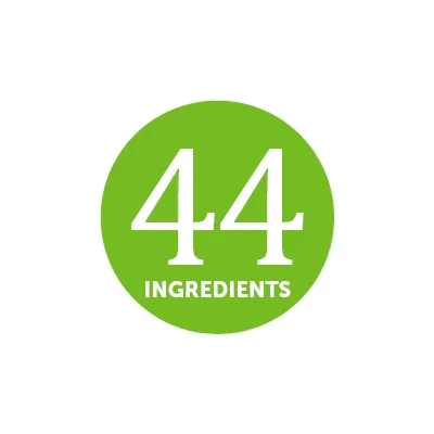 Texto en inglés: 44 INGREDIENTS. Indica que el producto contiene 44 ingredientes.