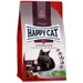 Balení krmiva HAPPY CAT Adult Sterilised Voralpen Rind Bavarian Beef pro kastrované kočky, XL granule, 87 % živočišných bílkovin, All in One, obrázek černé kočky na obalu.