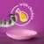 Cat’s tail, empty pink bowl with food crumbs, text 'with chicken' and yellow chicken drumstick graphic on purple background. Text is in English.