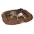 Braunes Hundebett mit gepolstertem Rand und liegendem Hund. Logo mit schlafendem Hund auf der Vorderseite sichtbar.