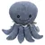 Jouet en peluche bleu en forme de pieuvre avec visage souriant brodé, huit tentacules et collerette grise visible autour du cou.
