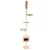 Cat tree with multiple levels, cave and resting areas. Beige fabric cover. White cat lying on a hammock.