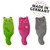 Three plush toys in cat shape: green with fish motif, pink with heart motif, grey with stripes. Text 'Made in Germany' visible.