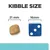Kibble Size felirat, balra 21 mm-es tápdarab, jobbra 16 mm-es kék dobókocka méretösszehasonlításként. A szöveg angol nyelvű.
