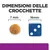 Dimensioni delle crocchette: diametro 7 mm, confronto con dado blu da 16 mm. Testo visibile: 'DIMENSIONI DELLE CROCCHETTE', '7 mm', '16 mm'.