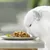 White long-haired cat eating chunks of wet food from a white plate on a table, with green garnish visible beside the food.