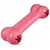 Pink bone-shaped chew toy with the word 'KONG' embossed on it and openings at both ends for treats or chewing.