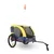 Yellow and blue bicycle trailer for pets with mesh windows, orange safety flag, and 'Hafenbande' printed on both sides.