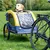 HAFENBANDE bicycle trailer for dogs, yellow-blue, with mesh window and dog’s head visible from the top opening.