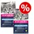 To poser Eukanuba Sterilised/Weight Control tørfoder til kat, 86 % animalsk protein, 2 kg, stor rød procenttegn for tilbud i hjørnet. Synlig tekst på engelsk og andre sprog.