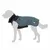 Hundemantel in Blau mit schwarzem Innenfutter und reflektierenden Streifen, Logo sichtbar auf der Seite.