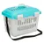 Plastic transport box with ventilation slots, turquoise lid, carrying handle and black shoulder strap.