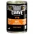 Blik Crave natvoer, tekst: 'CRAVE - Satisfy Their Nature', 100% natuurlijk kip & kalkoen, hoogwaardige proteïne, pastete, recyclebaar. Tekst in meerdere talen zichtbaar.