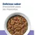 Delicioso sabor irresistible para las mascotas. Plato blanco con comida húmeda de trozos marrones y zanahorias visibles.