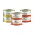 Lot de 6 boîtes Almo Nature HFC Natural, variétés visibles : cuisse de poulet, poulet et crevettes, poulet avec potiron. Texte en anglais, italien, allemand et français sur les étiquettes.