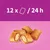 Image shows four filled, crunchy treats and a feeding guide indicating 12 pieces per 24 hours.
