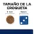 Tamaño de la croqueta: 9 mm de diámetro junto a un dado azul de 16 mm para comparación visual.