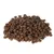 Brown dry food pellets in a round shape, loosely stacked on a white background.