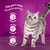 100 purr-cent high quality ingredients. Natural defences, strong muscles, healthy skin & coat. Text in English with icons beside a grey tabby cat on purple background.