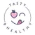 TASTY & HEALTHY text with a pink heart-shaped fruit, green leaves, and a smiling face illustration
