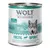 Boîte de nourriture Wolf of Wilderness Arctic Spirit 800 g, 100 % grain-free, renne avec fruits des bois, racines et herbes sauvages. Texte en anglais et allemand visible sur l’étiquette.