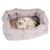 Beige pet bed with soft cushions, cat lying inside.