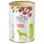 Blik 4Vets Natural Veterinary Exclusive Allergy hondenvoer, 400 g. Tekst: Beta-glucaan, Se, Zn, graanvrij. Afbeelding van hond en vleesblokjes met groenten en fruit.