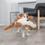 Petit chien blanc et marron tenant un grand jouet en peluche marron et blanc en forme d’animal dans sa gueule, sur un sol intérieur en bois clair.