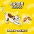 Illustration einer Katze mit Text: 'Aussen kross, innen cremig' und Bild eines aufgebrochenen Snacks mit cremiger Füllung.