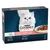 Balení Purina Gourmet Perle, 8×85 g. Viditelný bílý kocour, talíř s masem v omáčce. Text: Mit Rind, Mit Huhn, Mit Kaninchen, Mit Lachs.