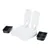 Two white automatic feeders with open lids and two black removable food trays, each with two compartments.