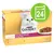 Purina Gourmet Gold Double Délice Luxe Mix, 12x85g. Okusi: patka i puretina, govedina i piletina, riba u umaku od špinata, kunić i jetra. Zeleni simbol s brojem 24 za pakiranja.