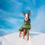 Chien à poil court portant un manteau vert pour chien, debout dans la neige sous un ciel bleu. Le manteau couvre le dos et le cou du chien.