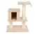 Árbol rascador de madera con dos niveles, superficies acolchadas para descansar y cueva. Postes rascadores envueltos en sisal, color beige.
