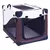Foldable soft-sided pet carrier with mesh windows and zip openings on the front and top, shown assembled for transport or temporary housing.