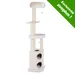 Arbre à chat beige avec plusieurs plateformes, deux niches rondes, poteaux en sisal et balles suspendues. Texte : Exclusivité zooplus !