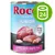 Rocco Junior Turkey with veal & rice, 400 g, napis: OPTIMAL CALCIUM TO PHOSPHORUS RATIO, zestaw 24 puszek. Widoczne kawałki mięsa i ryżu na etykiecie.
