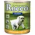 Lata de comida para cão Rocco Junior, 800 g. Texto visível: Mit extra viel Vitaminen, Extra viel Kalzium, Gesundes Wachstum, Omega 3+6 Fettsäuren, Pute und Kalbsherzen + Reis + Kalzium.
