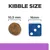 Kibble size comparison showing a kibble piece with a diameter of 10.5 mm next to a blue die measuring 16 mm.