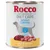Rocco Diet Care Weight Control Beef & chicken. Billede af dåse med illustration af hund, kød og indmad. Tekst: Die Fleischmahlzeit, Rind & Huhn, Boeuf et poulet.