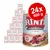 Rinti Kennerfleisch mit Rind, 24 x 800 g cans shown. Large can in front with meat images on label and red circle stating 24x 800 g. Rinti Kennerfleisch mit Rind, 24 x 800 g cans shown. Large can in front with meat images on label and red circle stating 24x 800 g.