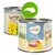 Two tins of Feringa Single Meat, Chicken with Pumpkin and Catnip for adult pets. Front tin highlights grain-free recipe, 75% selected animal ingredients, and visible product change arrow.