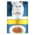 Purina Gourmet Perle, влажный корм с курицей. На упаковке изображена белая кошка и поданные кусочки мяса.