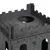 Casa para gatos de fieltro gris en forma de castillo con el logo de CanadianCat. Parte superior con abertura redonda y almenas, varios arcos en los laterales.