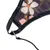 Detailansicht eines Stoffmaterials mit Blumenmuster, schwarzem Rand und Metallclip mit Schnur.