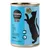 Boîte Cosma Pure Love Drink, recette sans céréales, avec texte anglais : with tuna and shrimps in broth, pure fish & seafood. Silhouette de chat noir sur fond bleu.