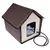 Brown and beige insulated pet house with transparent window and heating cable connection. Suitable for outdoor use.