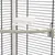Perchoir en plastique gris et mangeoire blanche fixés sur les barreaux d'une cage, sans marque visible ni texte.