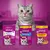 Three Whiskas products: Dentabites with Chicken, 40g, Temptations, 60g, and Crunch! Delicious Topping with Chicken, Turkey & Duck, 100g. Packaging with cat motif. Three Whiskas products: Dentabites with Chicken, 40g, Temptations, 60g, and Crunch! Delicious Topping with Chicken, Turkey & Duck, 100g. Packaging with cat motif.