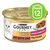 Purina Gourmet Gold Jemná kompozice s kachnou a krůtou, 12 konzerv. Zobrazení konzervy s bílou kočkou a servírovaným masem.